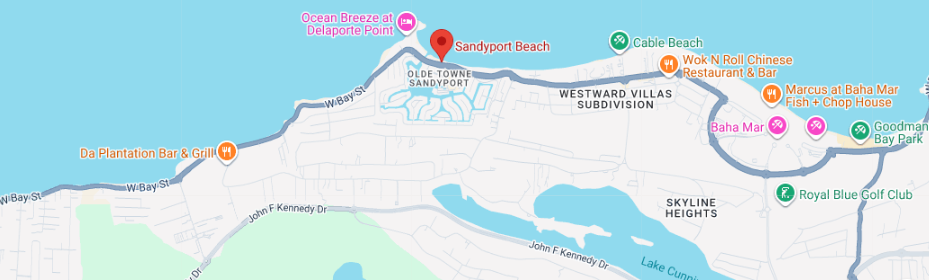 Map of the Kool Runnings Ice service area around Sandyport Beach, Nassau